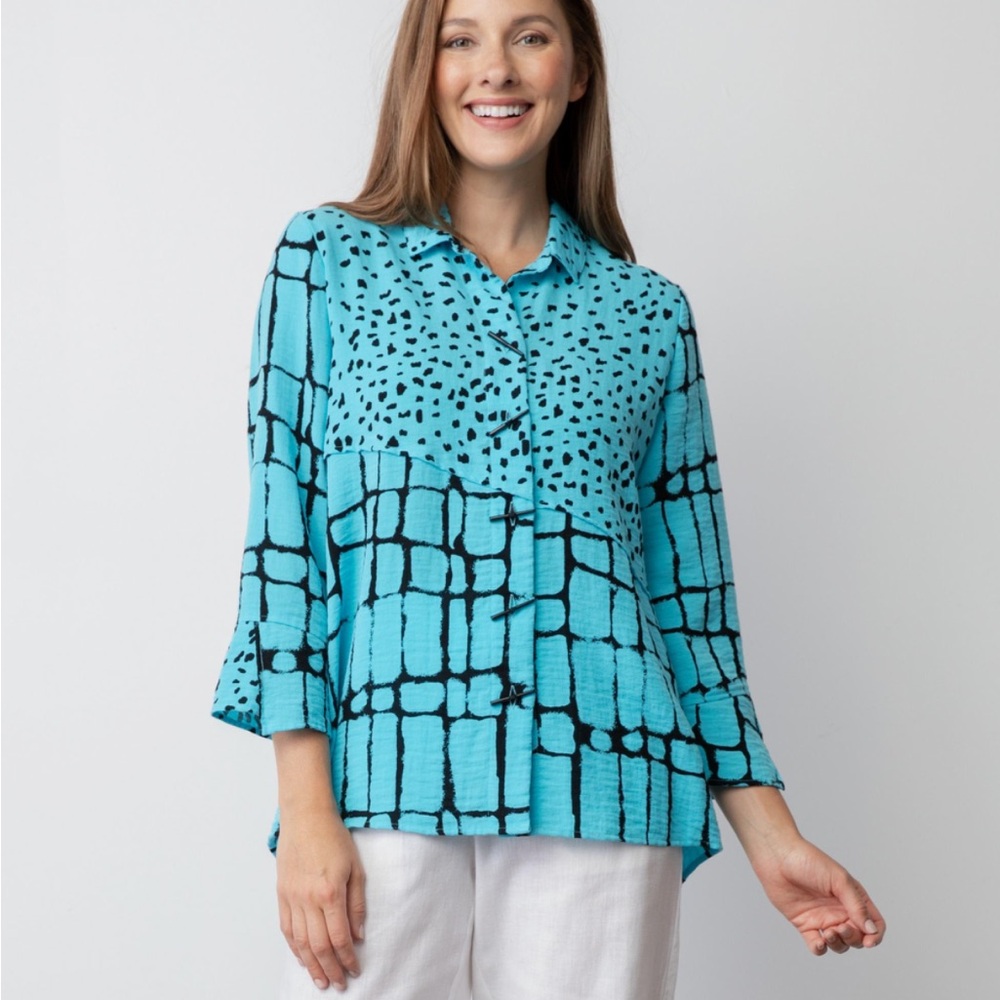 Habitat Turquoise Dot & Grid Print Button-Front